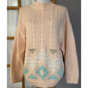 Vtg Fishermans Sweater Woman's 24W Pearl Buttons Pink Classic Country Hong Kong